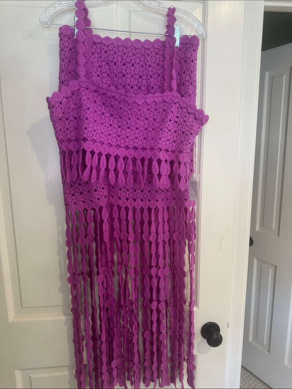 SAYLOR  Crochet Fringe Two piece Elie Maxi  in Bright Magenta